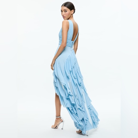 ALICE + OLIVIA Holly Low Neck Asym Ruffled Maxi Dress Mineral Blue Size 4 NWT - Picture 4 of 16